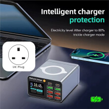 80W Charging Station with Retractable USB-C Cable Fast Charger for Tablet PC Phones Multiple Devices UK Plug
