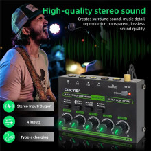 COKYIS Mezclador de Sonido MIX400 PRO de 4 Canales con Luz RGB,  Mezclador de Audio, Mezclador de Línea, Pequeño Mezclador de Audio para Club,