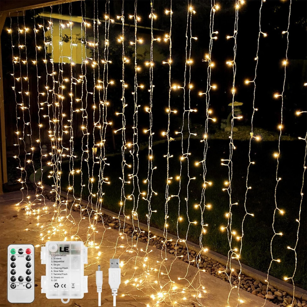 Lepro Le Curtain Lights Battery Powered, 3M X 3M 300 Leds, 8 Modes & Timer, Warm Fairy Curtain Lights, Usb Plug, Remote Control, Suit For Room White 36761203