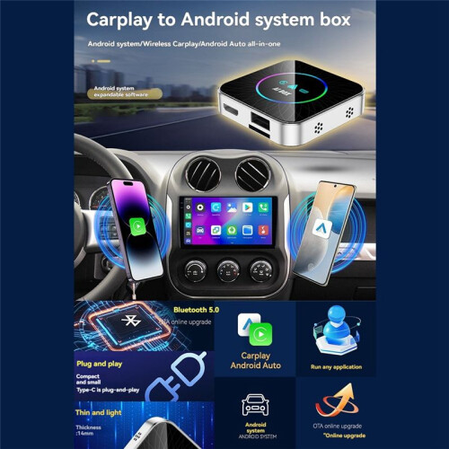 Wireless Carplay to Android AI Box Android 13  WiFi Carplay/Android Auto Support Split-Screen Interaction 2+16G 1
