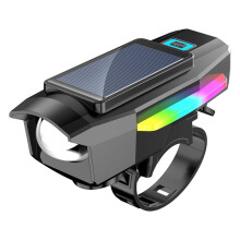 Solcellscykelstrålkastare USB-Uppladdningsbar Solcellscykelframlykta med Signalhorn Vattentät Cykeltillbehör