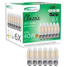 BELL Lighting E27 Screw Cap Filament Bulb LED Candle 6 Pack | Bulb Warm White 2700K | 470 Lumen 4.5W | Energy Saving Screw Light Bulb | 40W Equivalen
