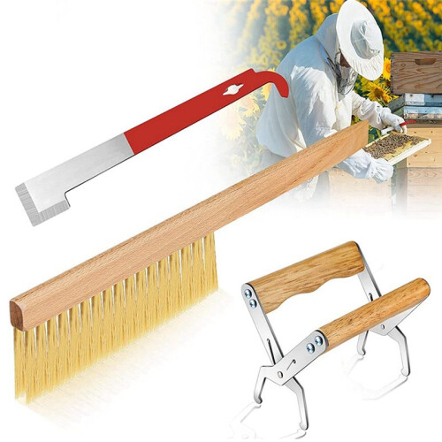 Bee Hive Tool for Beekeepers,Include J Hook Frame Lifter Scraper,Bee Hive Frame Grip Holder Lift,Wooden Beekeeping Brush 2