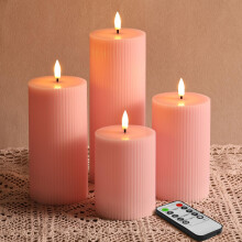 Eywamage Pink Ribbed Flameless Pillar Candles with Remote,
