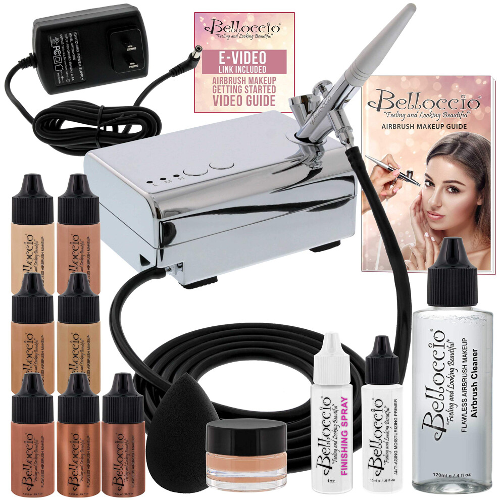 Belloccio Professional Beauty Airbrush Cosmetic Makeup System With 4 Medium Shades Of Foundation In 1/4 Ounce Bottles - Kit Includes Blush, Bronzer An