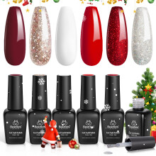 Beetles Esmalte de Uñas en Gel Rojo, 6Pcs Esmalte de Uñas de Navidad Brillante