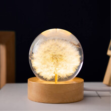 MARZIUS Flower Crystal Ball Night Light,6cm Glass Ball Night Lamp with Wooden Base (Dandelion)