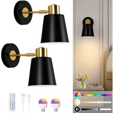 Lampop Battery Operated Wall Lights Indoor Rechargeable Wall Lights, Wireless Wall Sconces Set of 2, with Detachable Bulbs and Remote, Black Wall Lig