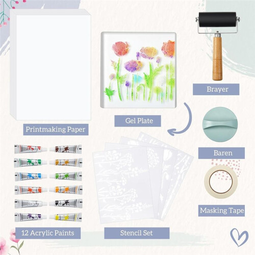 Kit de Placa de Impressão em Gel de 7 X 7 Polegadas, Conjunto Completo de Monoimpressão com Brayer, Tinta Acrílica, Papel e Ferramentas para Fazer 2