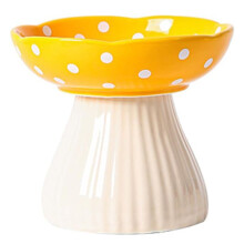 Mushroom Cat Bowl Ceramic Elevated Shelf,Beard Raised Cat Food Bowl for Food & Water for Flat Inclined Cat Plat Yellow