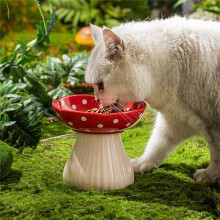 Mushroom Cat Bowl Ceramic Elevated Shelf,Beard Raised Cat Food Bowl for Food & Water for Flat Inclined Cat Plat Yellow