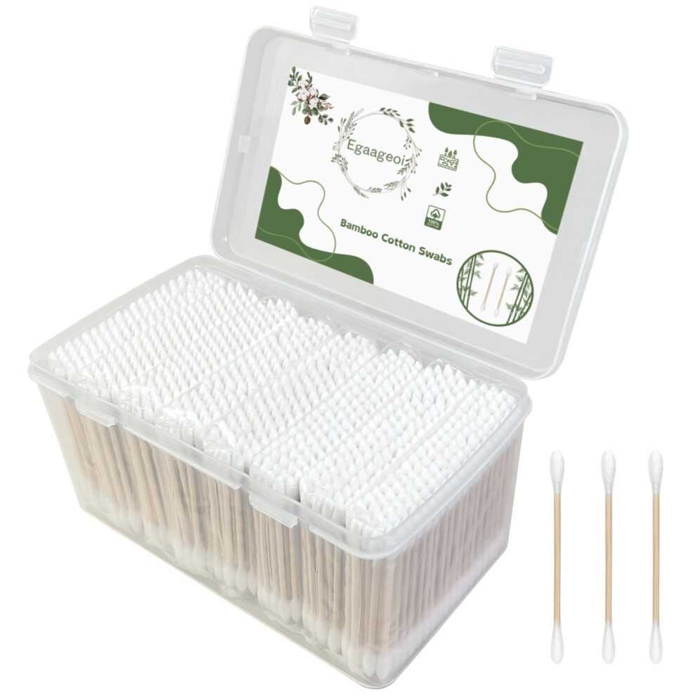 Egaageoi Bamboo Cotton Swabs - Biodegradable & Organic Bamboo Cotton Buds - 100% Eco-Friendly & Natural Double Round Thick Tips For Ear Wax Removal, Makeup,
