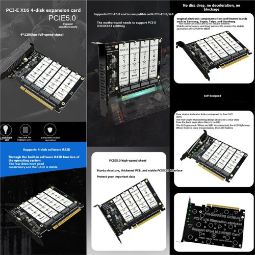 PCIe X16 to 4 NVMe SSD Expansion Card M.2 2280 Adapter Solid State Hard Disk Converter Board 2