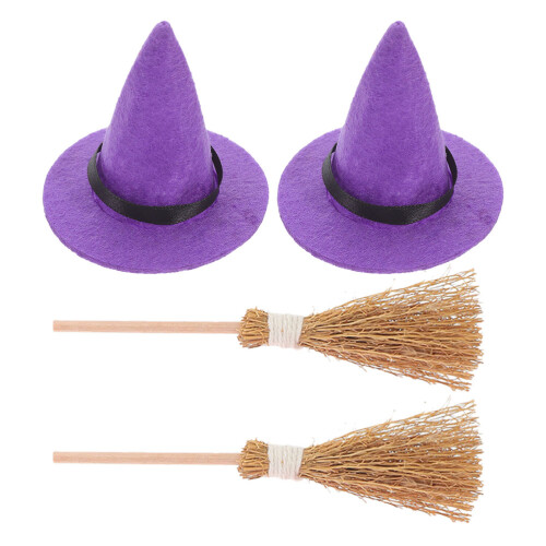 10Sets Mini Purple Witch Hat and Broom Set for Decor 1