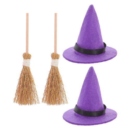 10Sets Mini Purple Witch Hat and Broom Set for Decor 2