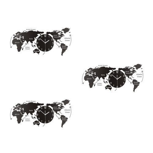 3Pcs Black Wall Clock Creative World Map for Bedroom Office 2