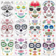Tattoos Temporaires Halloween (12 Pack), Konsait Crâne Sucre Floral Masque Visage pour Hommes Femmes