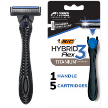 BIC Flex 3 Hybrid Wegwerp Scheermes voor Mannen, 3-Blad Scheermes met Slank Hoofd, 1 Handvat en 5 Cartridges
