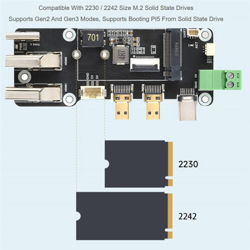 PCIe Till M.2 Multifunktionsadapter, Kompatibel med för Raspberry Pi 5, Två Strömförsörjningsmetoder, Stöder Dubbla 4K-Utgångar 2
