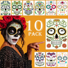 Kit de Maquillaje de Tatuajes Faciales del Día de los Muertos, 10 Tatuajes Temporales de Calavera