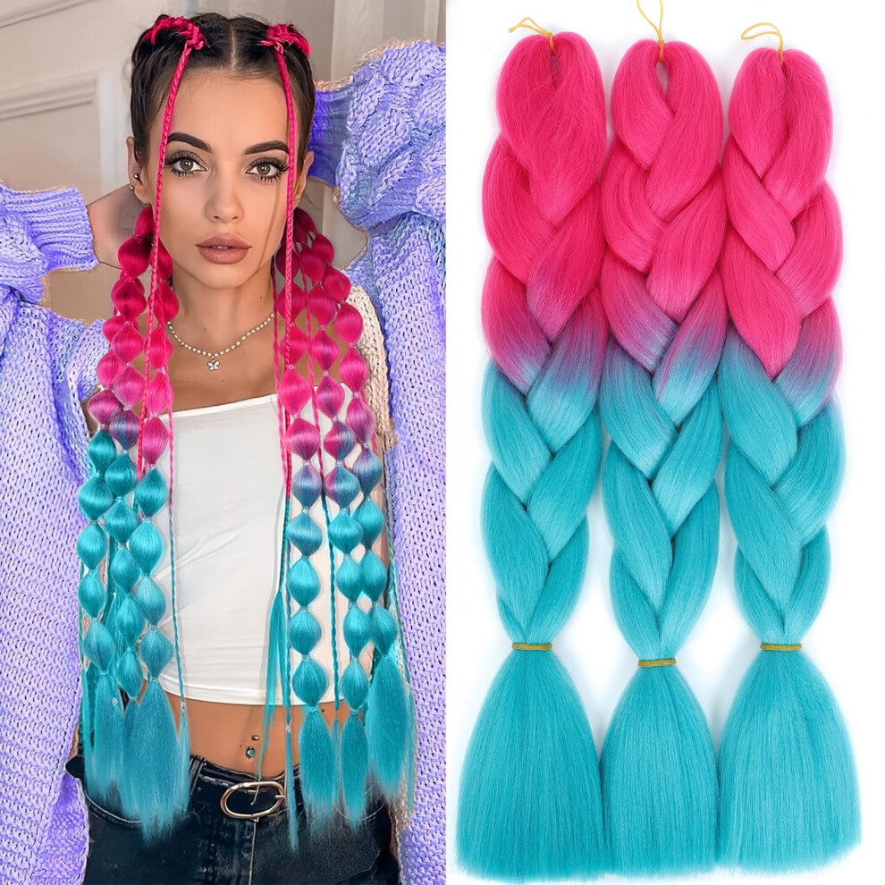 Alileona Unisex Blue Ombre Braiding Hair 24Inch Colored Braiding Hair Pre Stretched Bubble Braids Hair Extensions 3Pcs Jumbo Braiding Hair (Peach Pink/Lake )