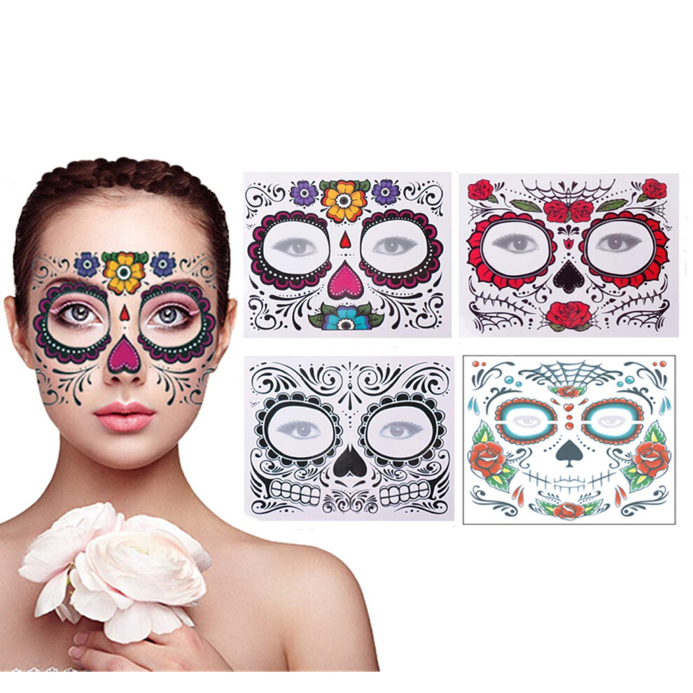 Bpnhna Red 4 Pack Day Of The Dead Sugar Skull Face Temporary Tattoo Halloween Makeup Tattoo Stickers For Halloween Masquerade Party(Floral, Roses,Black And F