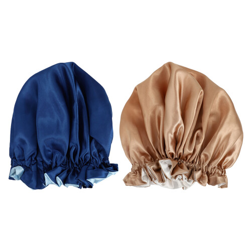 2Sets Blue Satin Double-Layer Sleep Hats Lightweight Breathable Caps