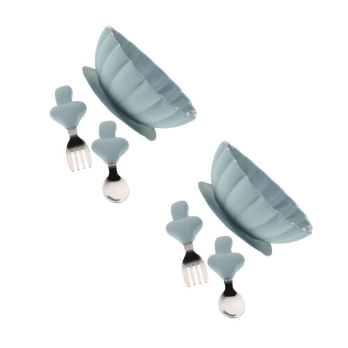 2Sets Silicone Baby Feeding Set Sky-Blue Suction Bowls with Spoon Fork 2