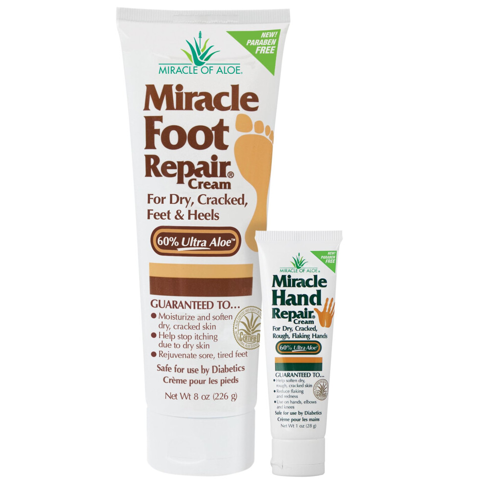 Miracle Of Aloe Miracle Foot Repair Cream, 8 Oz + 1 Oz Miracle Hand Repair, Healing Aloe Vera Lotions For Dry, Cracked Hands And Feet, Diabetic-Safe, Moisturizes, Sof