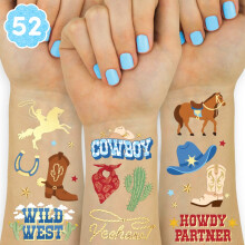 Tatuajes Temporales de Cowboy para Niños - 52 Estilos de Foil | Fiestas de Cumpleaños, Decoración de Baby Shower