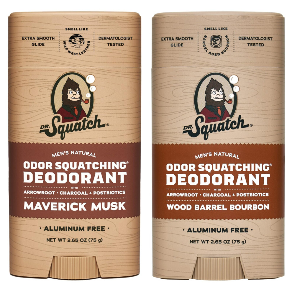 Dr. Squatch Natural Deodorant For Men - Odor-Squatching Men's Deodorant Aluminum Free - Maverick Musk + Wood Barrel Bourbon (2.65 Oz, 2 Pack)