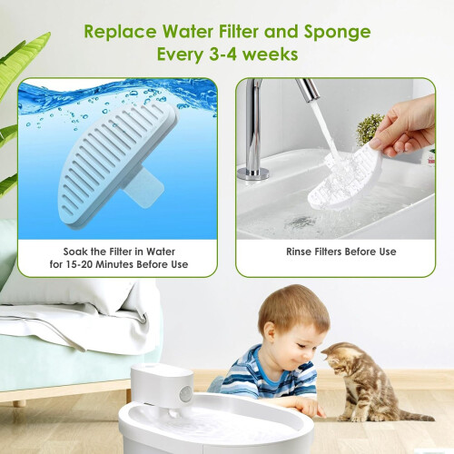 Filter för KattfontäNer, 3-Pack Utbytesfilter & 6-Pack Utbytesfiltersvampar för 67Oz/2L Automatisk HusdjursfontäN
