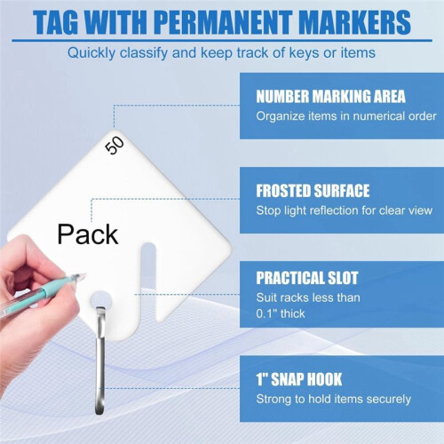 100Pcs Key Tags, Slotted Plastic Hanging Tags with Metal Snap Hooks White Key Tags Blank Square Key Tags 1