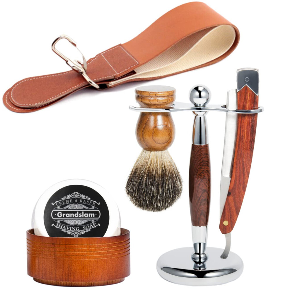 Grandslam Men Straight Shaving Razor Badger Hair Brush Stand Holder Leather Strop Soap Bowl
