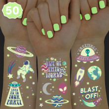 xo, Fetti Glow in the Dark Space Tattoos for Kids - 50 pcs | Alien Party Supplies + Rocket Decorations