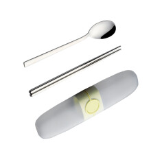 3Pcs Camping Stainless Steel Flatware Set Yellow Spoon Chopsticks Case