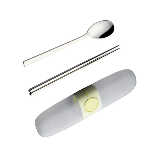 3Pcs Camping Stainless Steel Flatware Set Yellow Spoon Chopsticks Case