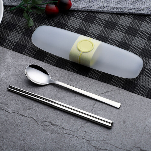 3Pcs Camping Stainless Steel Flatware Set Yellow Spoon Chopsticks Case 2