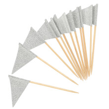12Pcs Silver Paper Wood Toothpick Flags Cake Dessert Party Picks