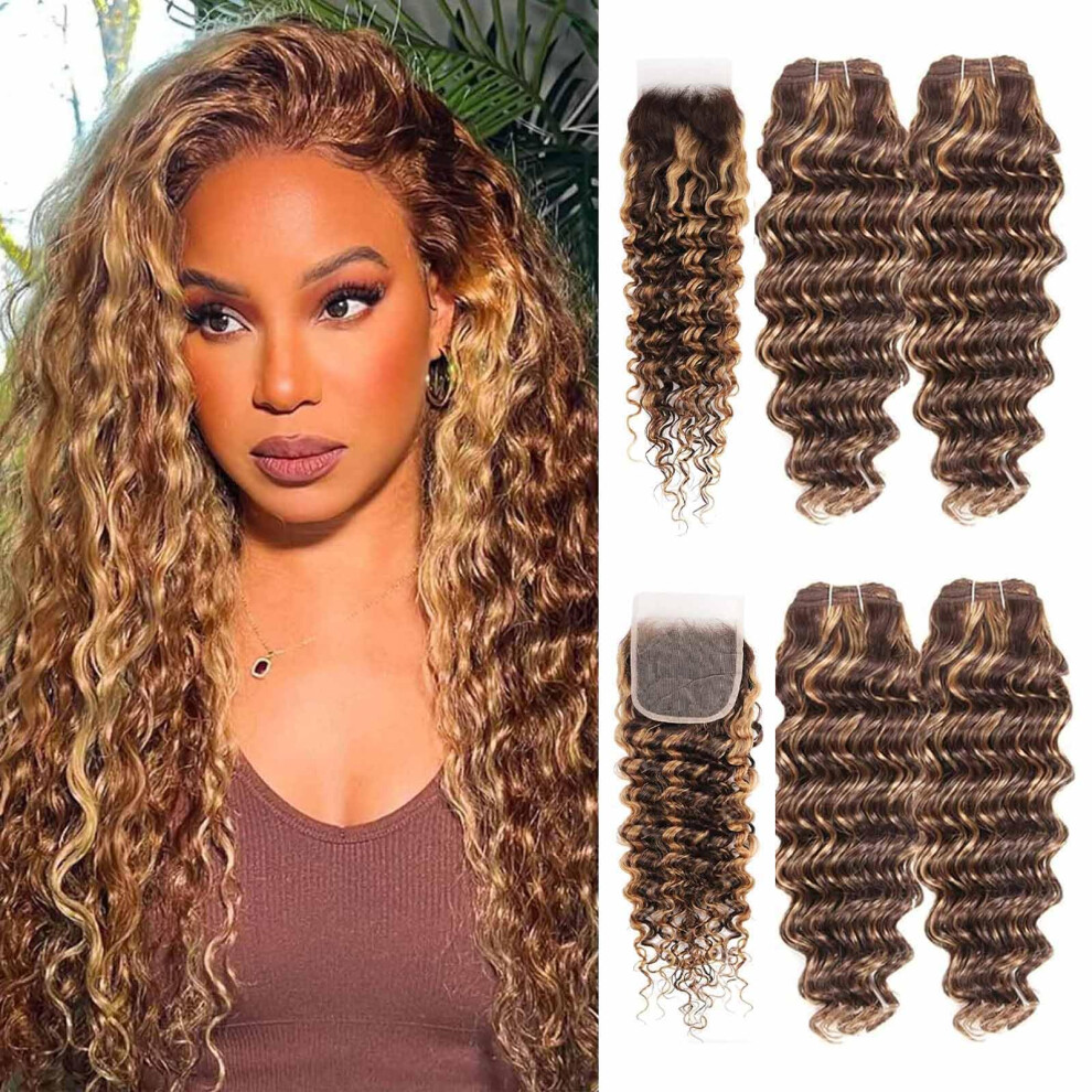 Tealoves Highlight Bundles Human Hair With Closure, 10A Brazilian Deep Wave Human Hair 4 Bundles With 4X4 Closure 4/27 Color Ombre Bundles Human Hair (Highligh