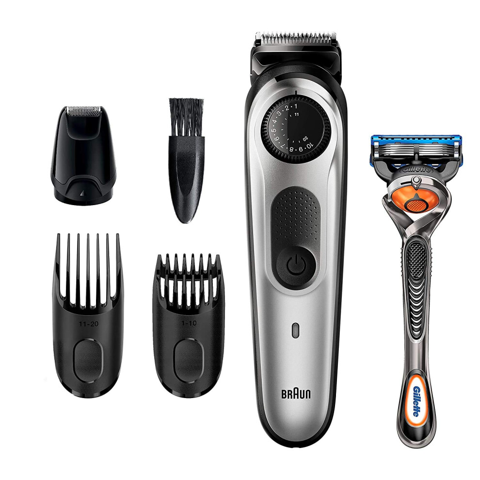 Braun Men's Black/Silver Beard Trimmer Hair Clippers For Cordless & Rechargeable, Mini Foil Shaver With Gillette Proglide Razor, 6 Piece Set