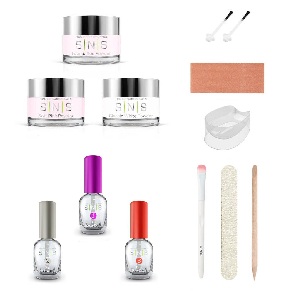 Sns Healthy Natural Pink/White Sns Nail Dip Powder & Dip Essentials Nail Color Kit, Diy Starter Bundle ( & White) - Foundation Powder, Dip Activator & Top Coat, Brushes, Cuticle