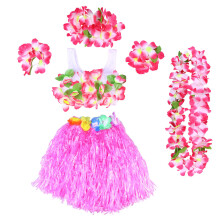 18Pcs Pink Hawaii Grass Skirt Hula Dress Set with Necklace and Bra