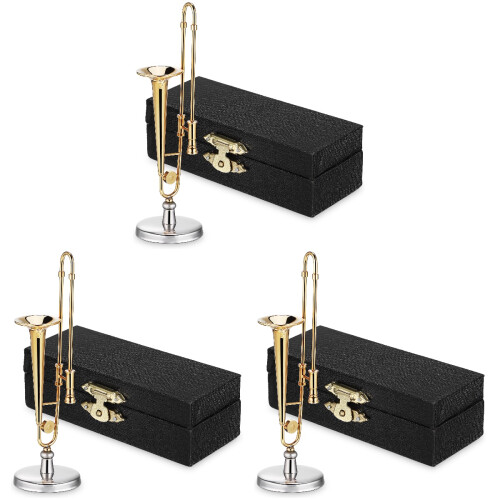 3Pcs Copper Miniature Trombone Decor with Display Stand Assorted Color 1