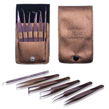 5 Stuks Japanse Stalen Wimperpincet Set met Leren Etui, Professionele Wimperpincetten voor Wimperextensies