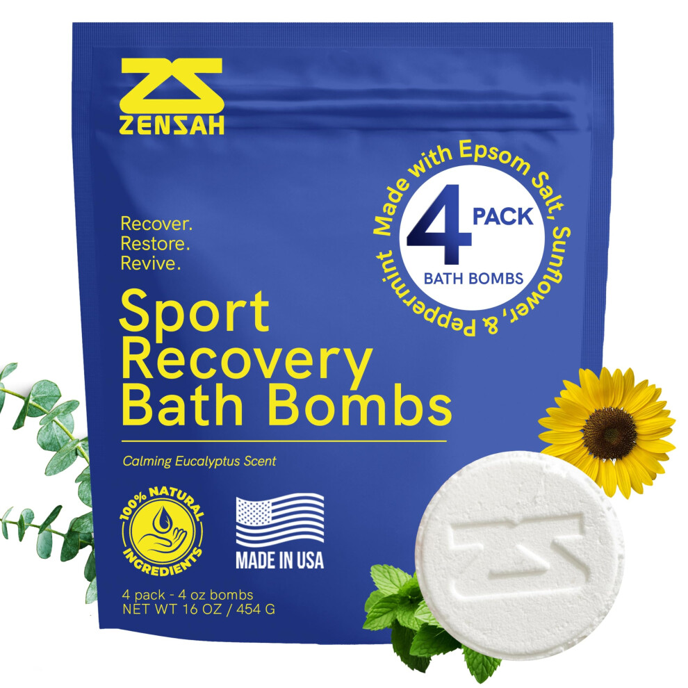 Zensah Sport Recovery Bath Bombs - Magnesium Epsom Salt For Soaking, Sore Muscle, Pain Relief, Relaxation For Athletes, Men And Women (4 Count, Eucaly
