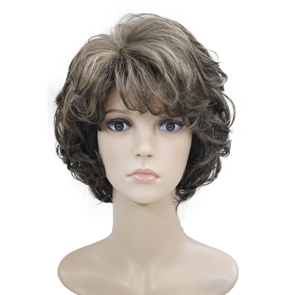 Wiginway Unisex White,Brown Short Layered Shaggy Wavy Wigs Full Synthetic Bob Capless Wigs For White Women Brown With Highlights