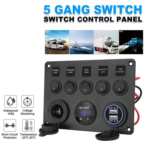 5 Gang  Panel, 12V/24V Inline Fuse Box LED  Panel Dual USB Socket Power Outlet LED Voltmeter for Boat Truck 1