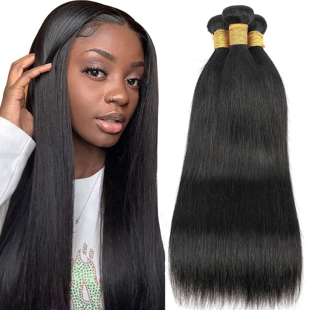 Lizourey Human Hair Bundles Straight Brazilian Human Hair Bundles 12A 100% Unprocessed Virgin Human Hair Straight Bundles Quick Weave Raw Human Hair 3 Bundles