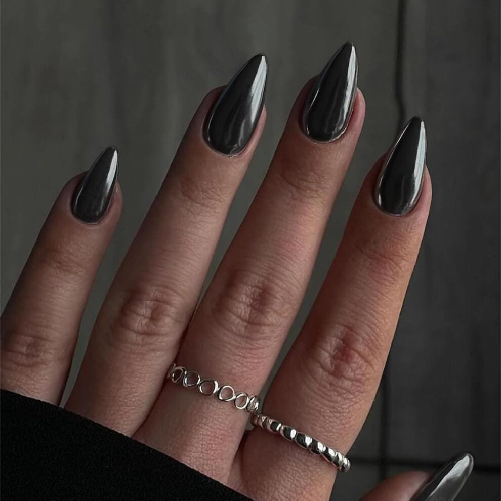 Xcreando Grey Mirror Metal Smoky Chrome Press On Nails Medium Almond Metallic Nails Glue On, Acrylic Nails Fake Nails Press Ons Thick Shinny Glazed False Nails